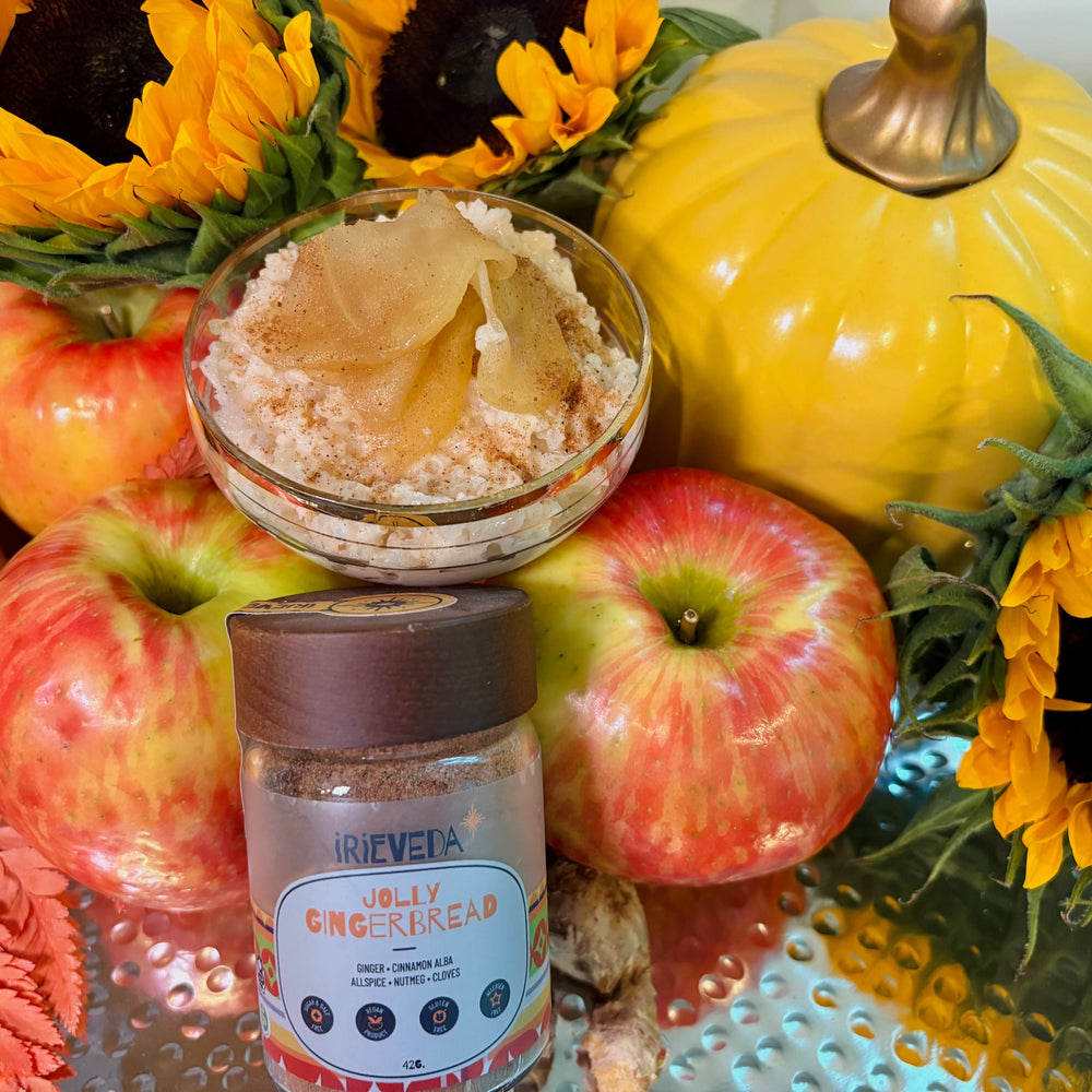 Gingerbread Spiced Rice Pudding with Poached Apples