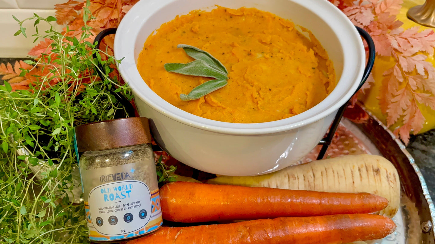 Spiced Root Vegetable Mash with Golden Ghee Drizzle (Gluten Free, Vegan, FODMAP Friendly, Allergen Friendly)