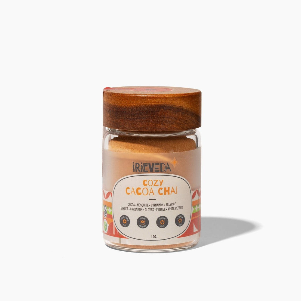 IrieVeda Spice Blends Holiday Baking Glass Jar (1/2 cup) Cozy Cacoa Chai low fodmap ayurvedic gluten allergen free