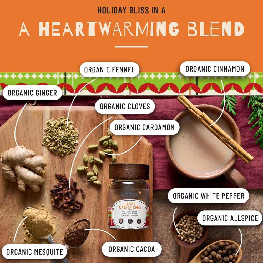
                      
                        IrieVeda Spice Blends Holiday Baking Cozy Cacoa Chai fodmap ayurvedic
                      
                    